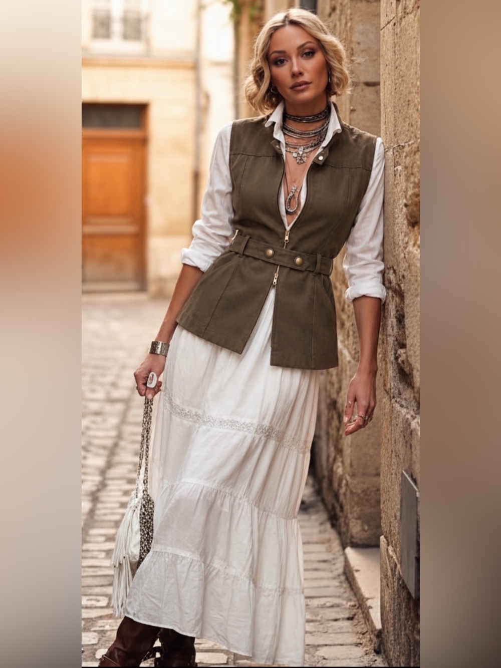 F.l. Malik Sleeveless Belted Utility Vest - Olive Green